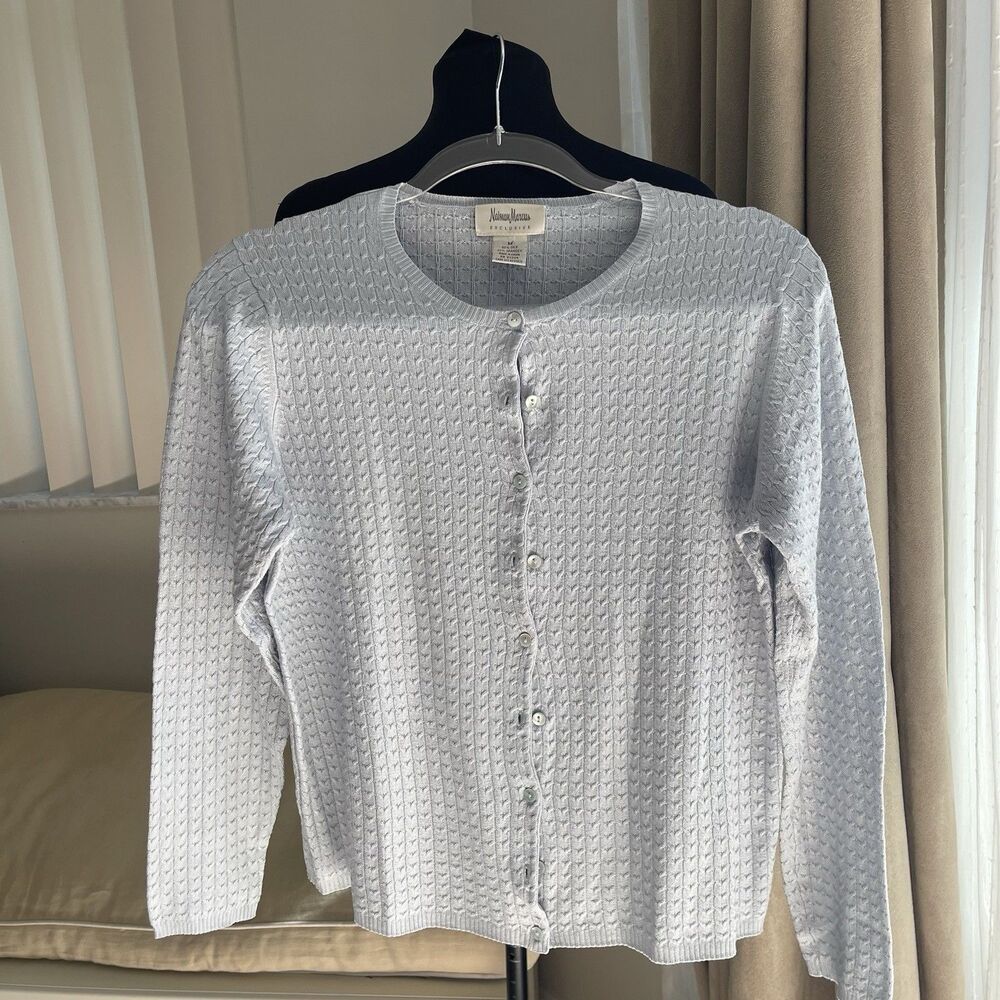 neiman marcus cable knit Silk  Cardigan Pale Blue M